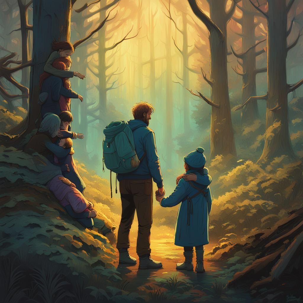Family's Forest Embrace: Ethereal Oil Painting