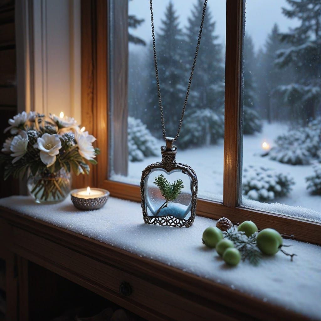 A snow-blanketed landscape stretches out beneath a twilight sky tinged with icy blue and pale pink hues. Fluffy snow pil...