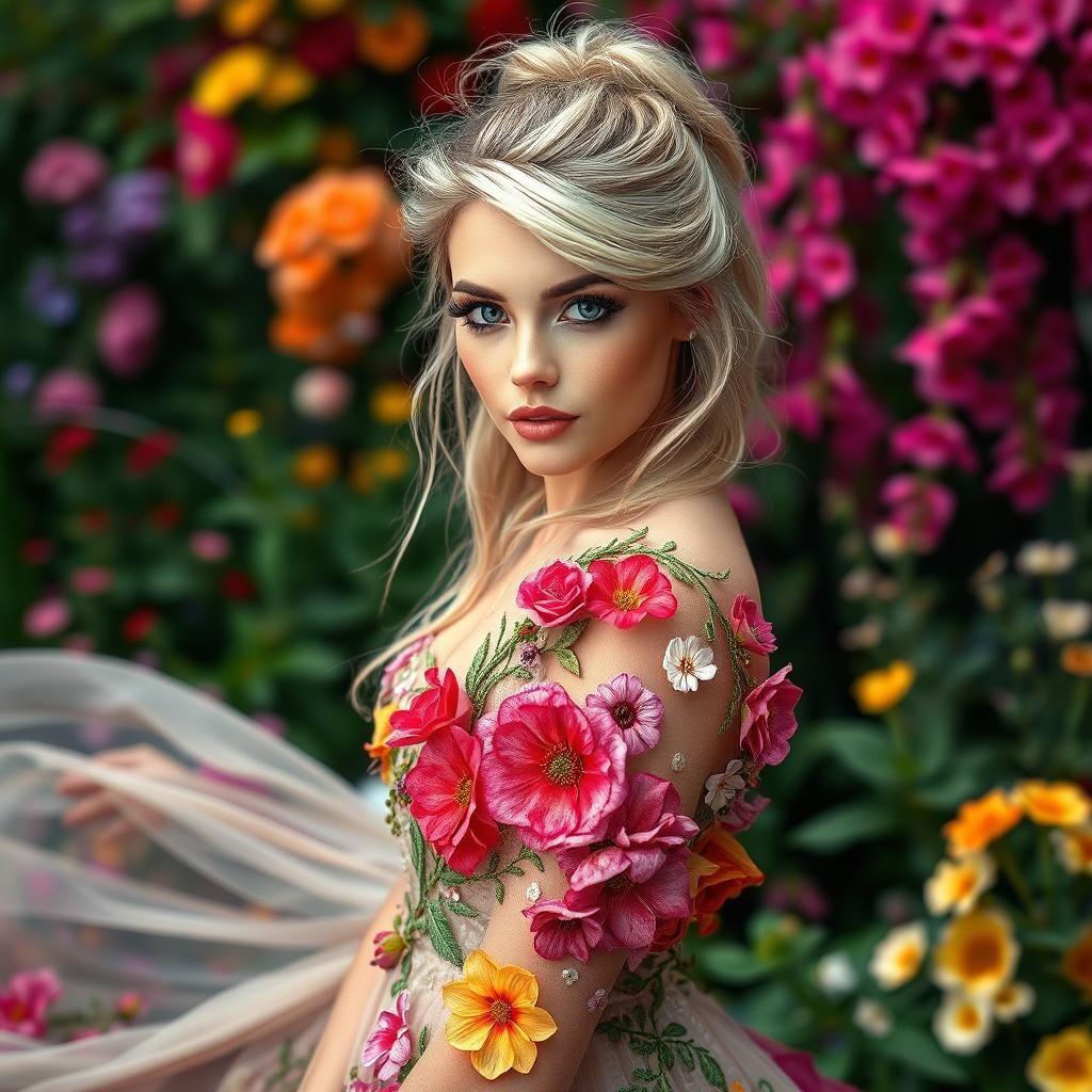 Ethereal Blonde in Floral Gown, Airbrushed Oil Painting