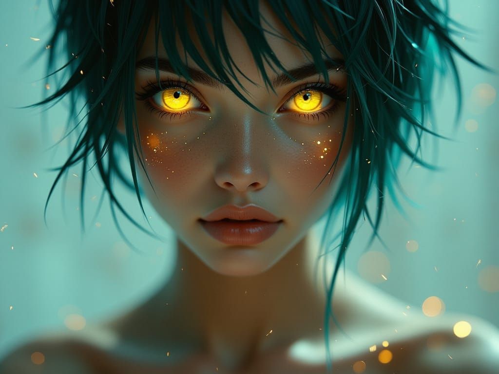 K-Pop Idol with Glowing Teal Hair and Golden Eyes