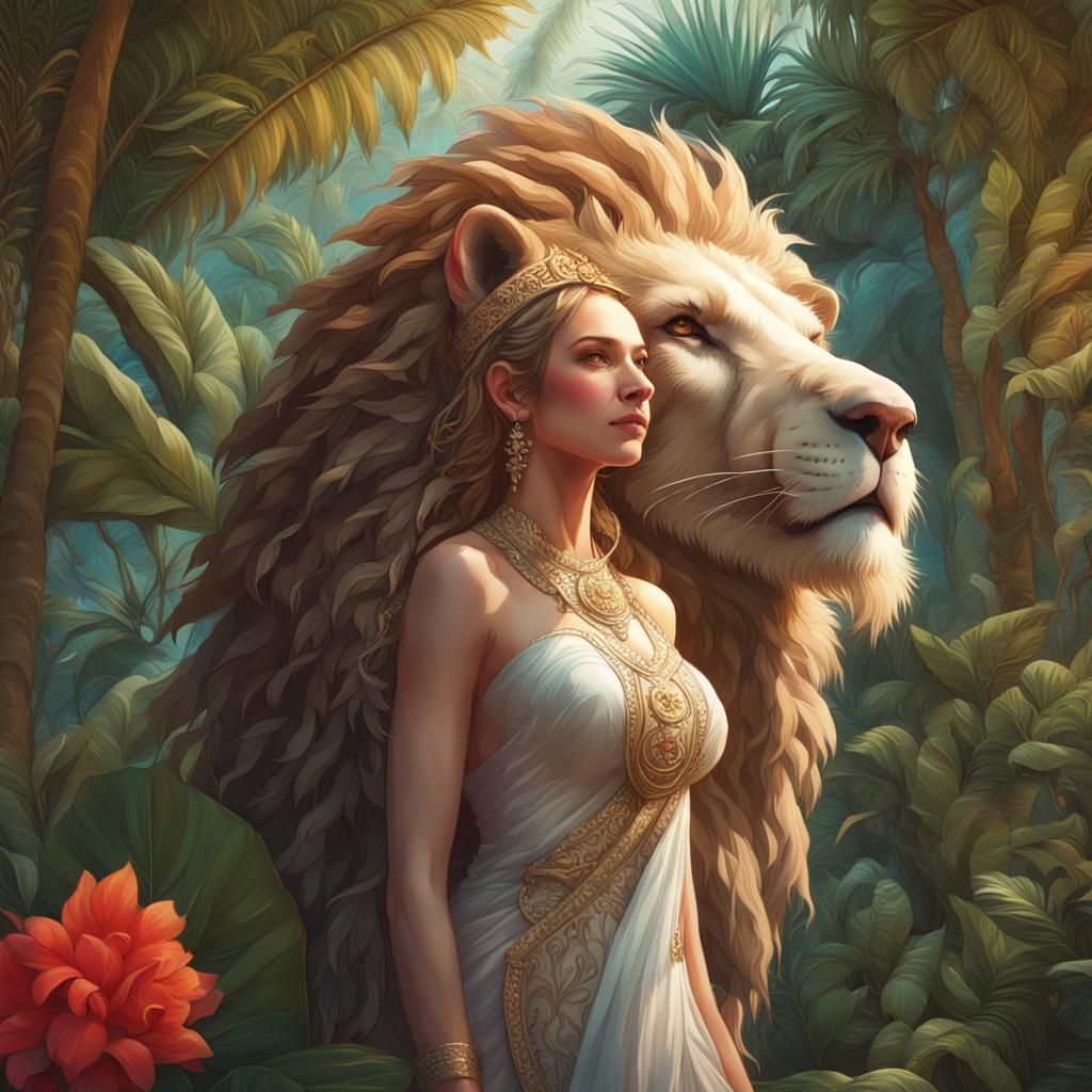 Lion and Bride in Tropical Garden, Hyperdetailed Art