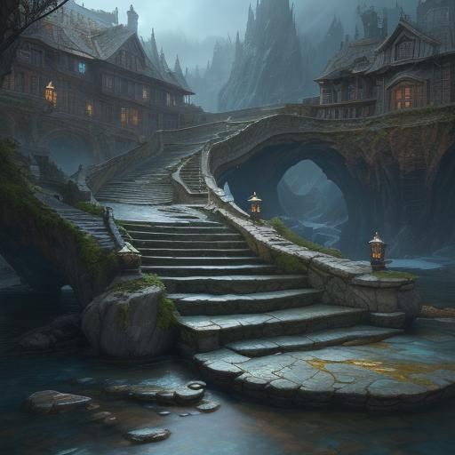 Stone Stairs Descending: Detailed Matte Painting