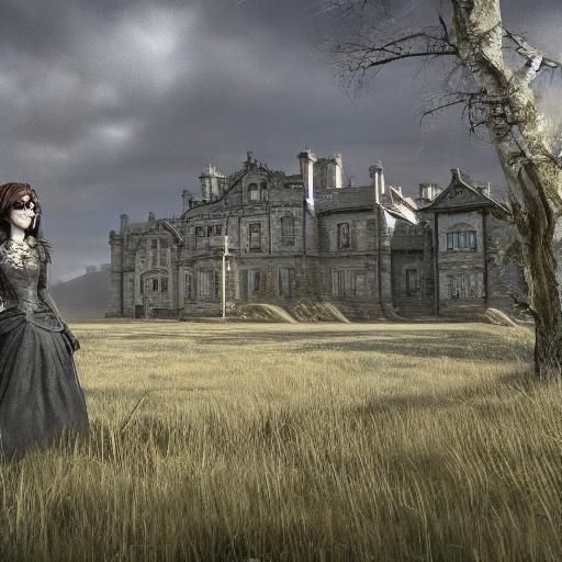 Gothic Woman on Windswept Moor in Beksiński Style