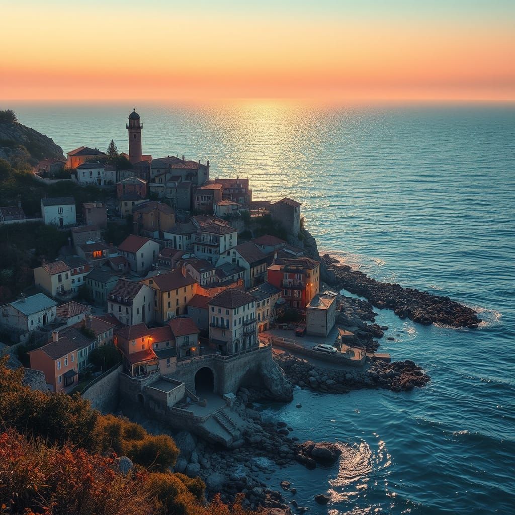 Radiant Coastal Village: Hyperrealistic Summer Landscape