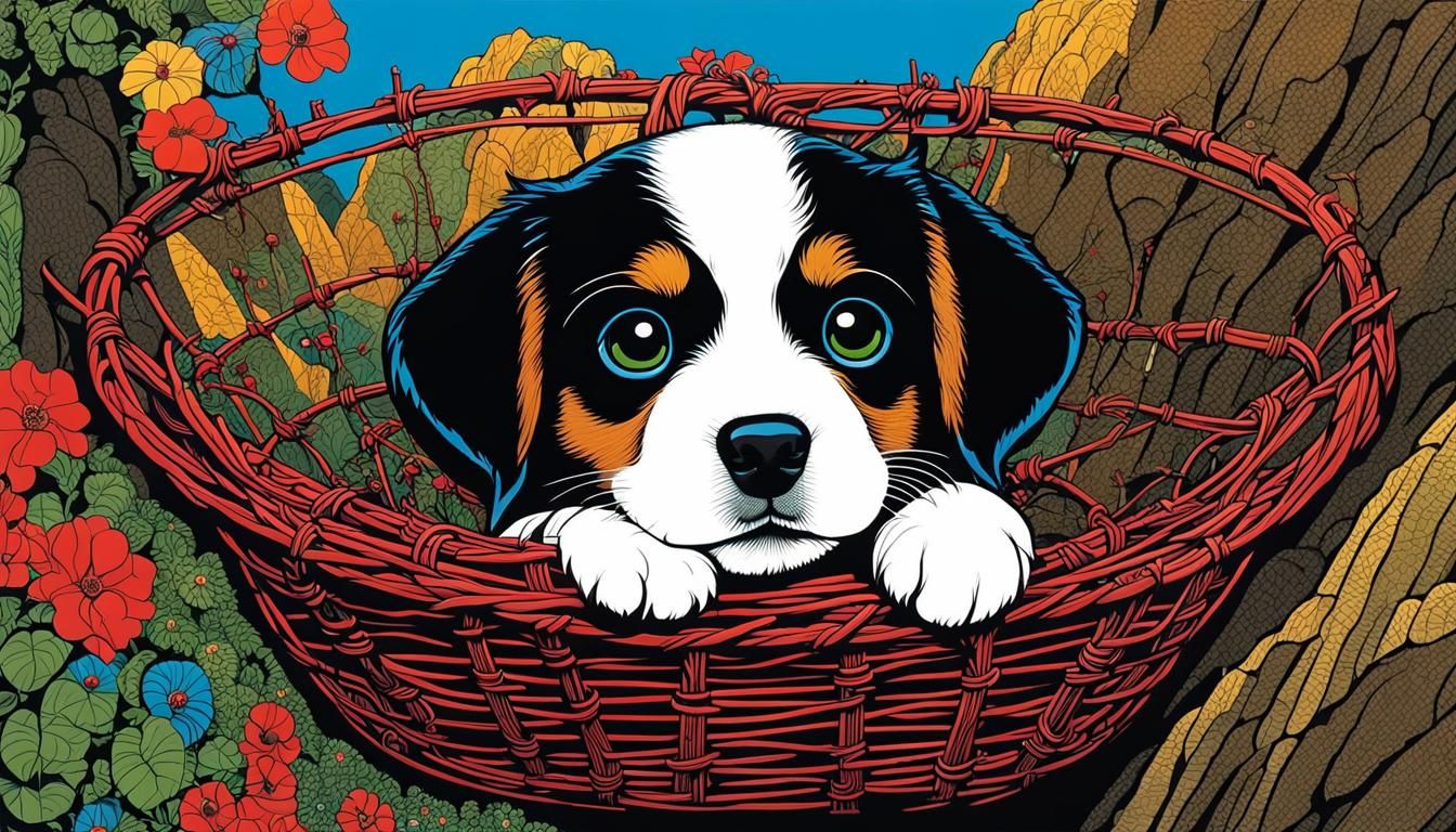 Puppy Descent: Hellish Cave in Wood Engraving Style