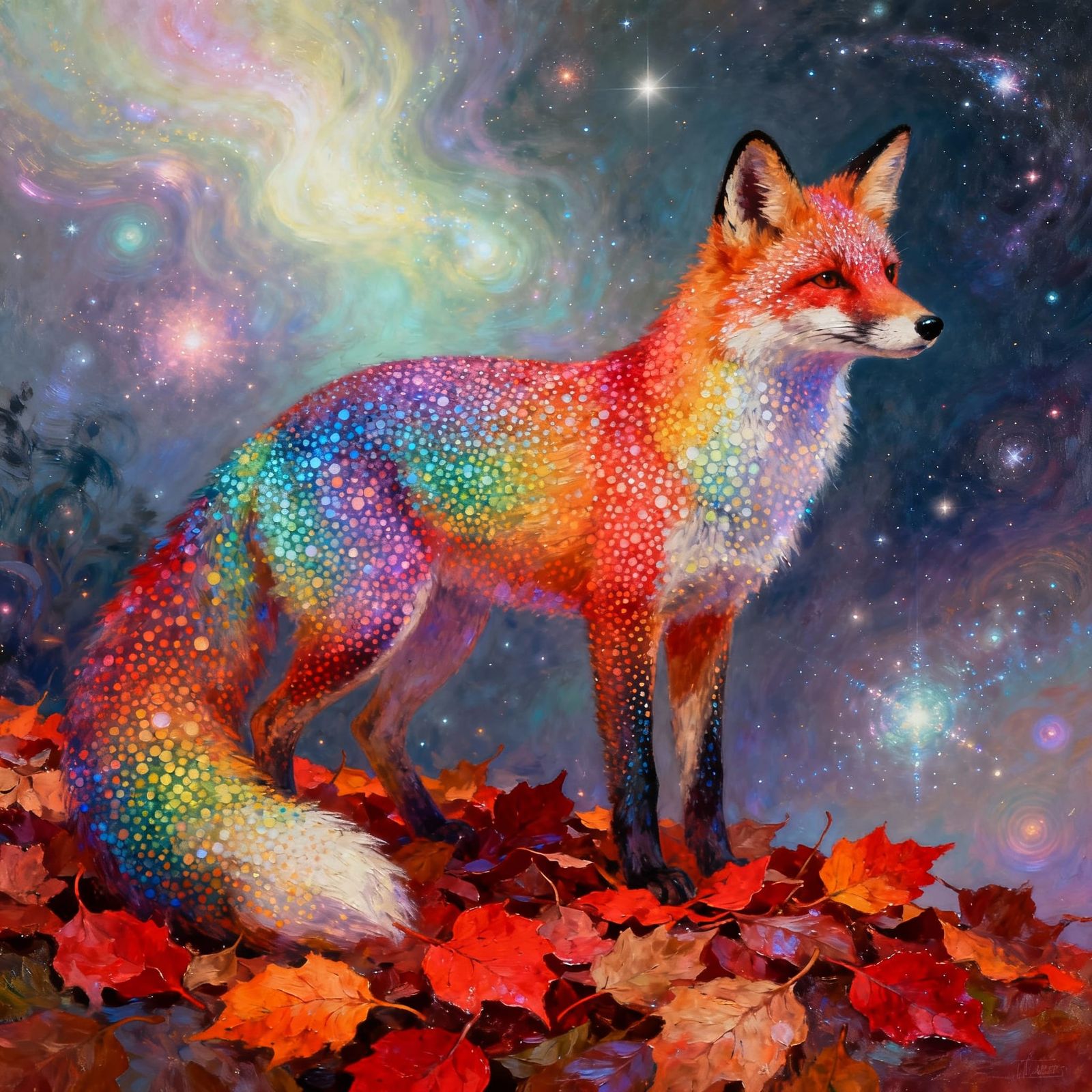 Rainbow Fox Among Autumn Leaves in Cosmic Style