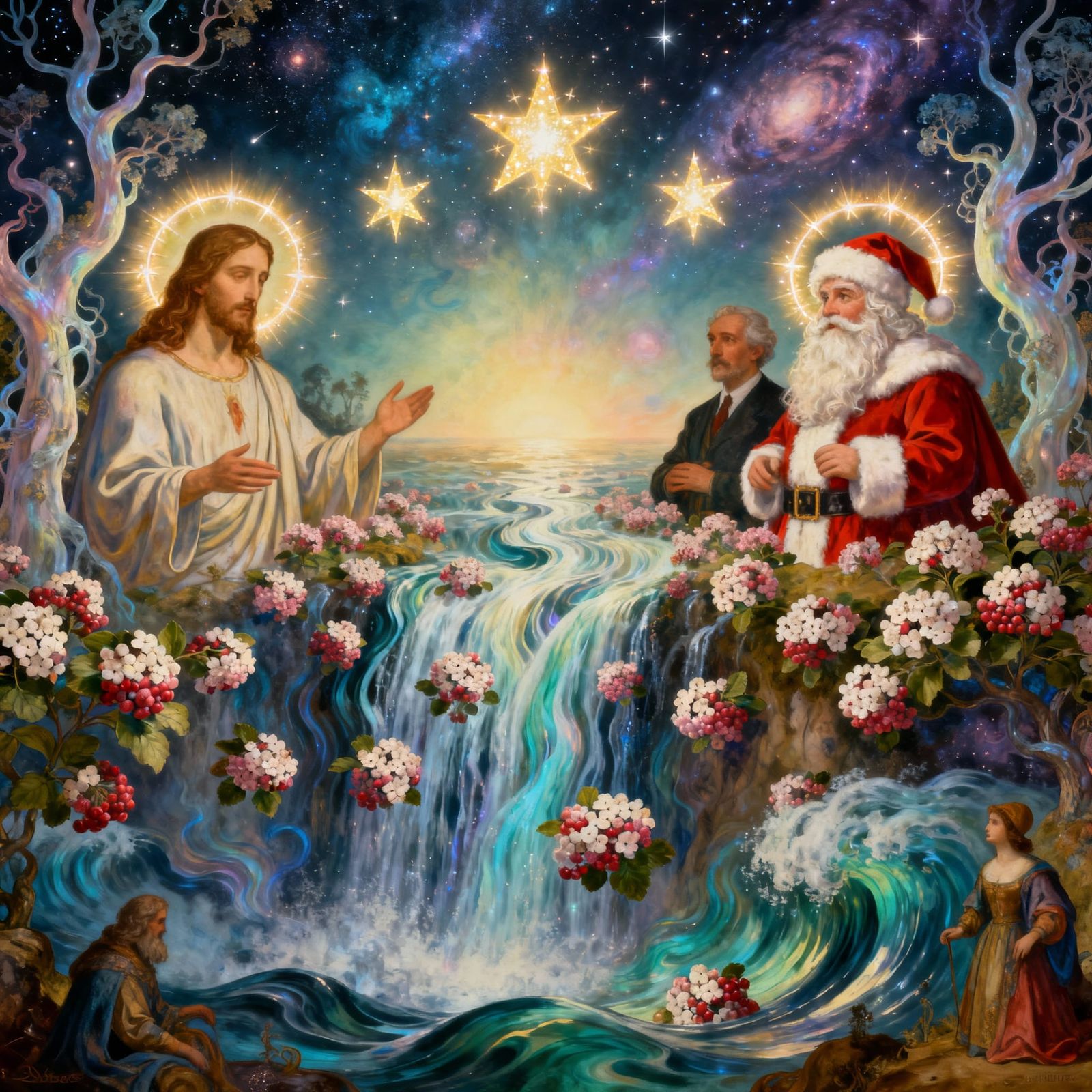 Surrealist scene featuring viburnum, Jesus, Mr. and Mrs. San...