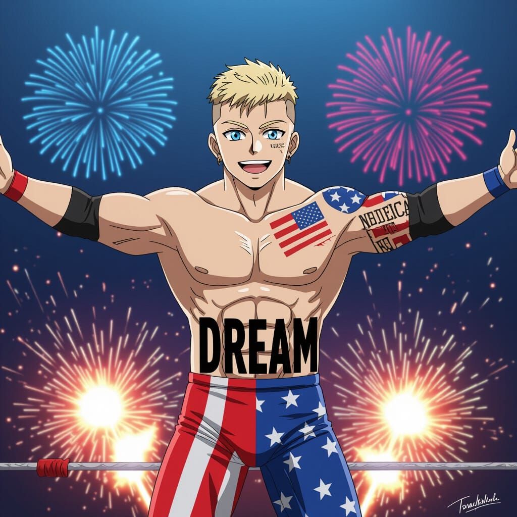 Anime Wrestler Posing with Fireworks in Shonen Style