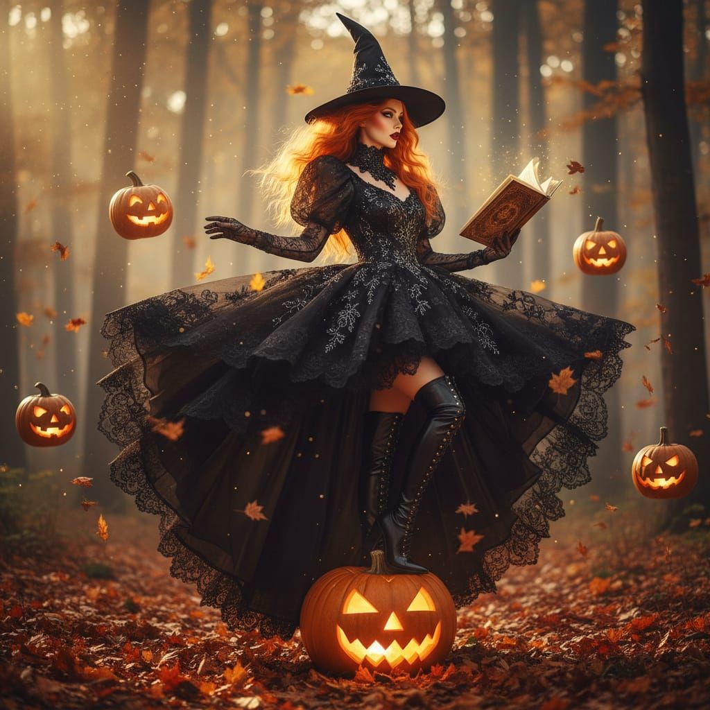 Witch on Glowing Pumpkin in Enchanted Autumn Forest