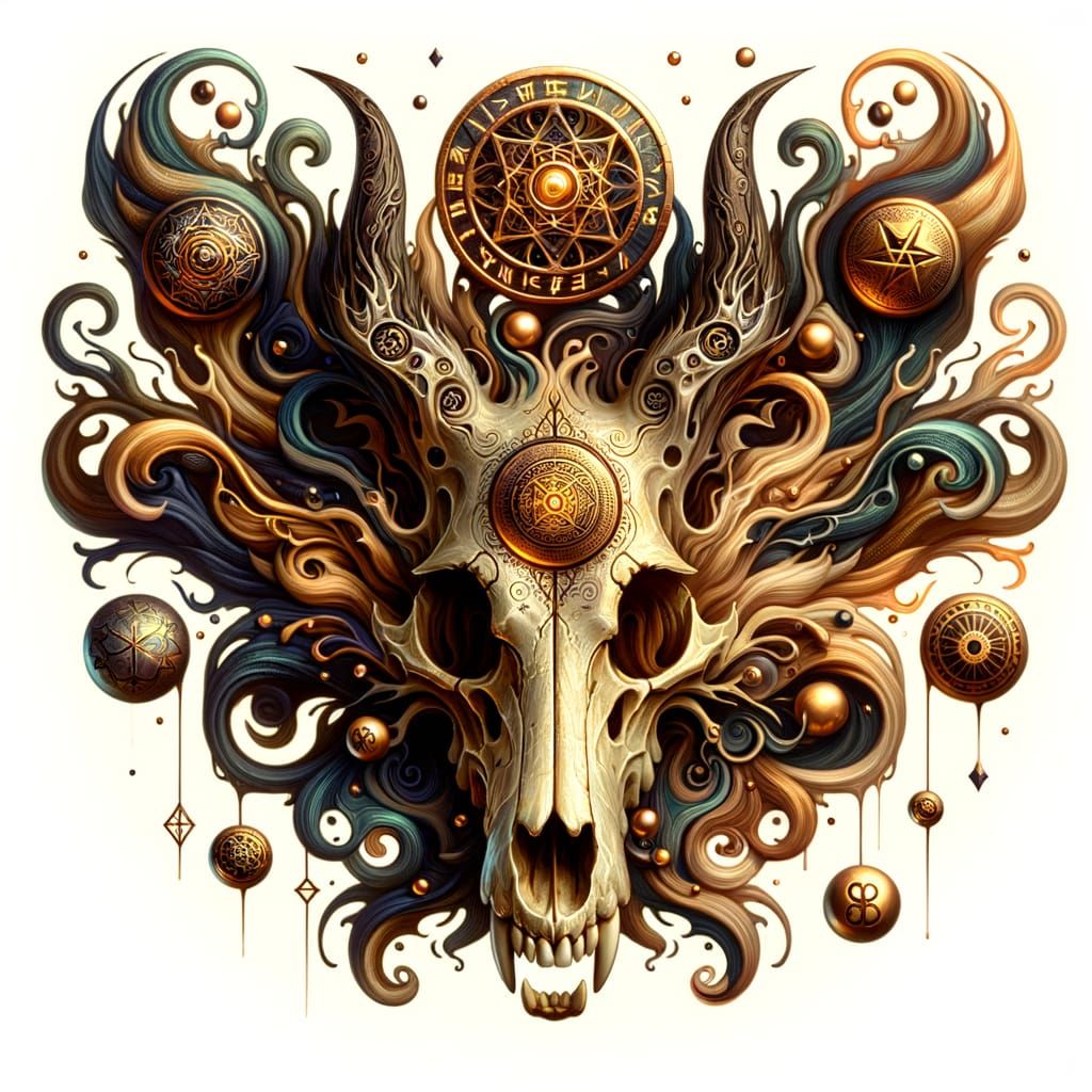 Water Marbled Wolf Skull with Runes in Surreal Style