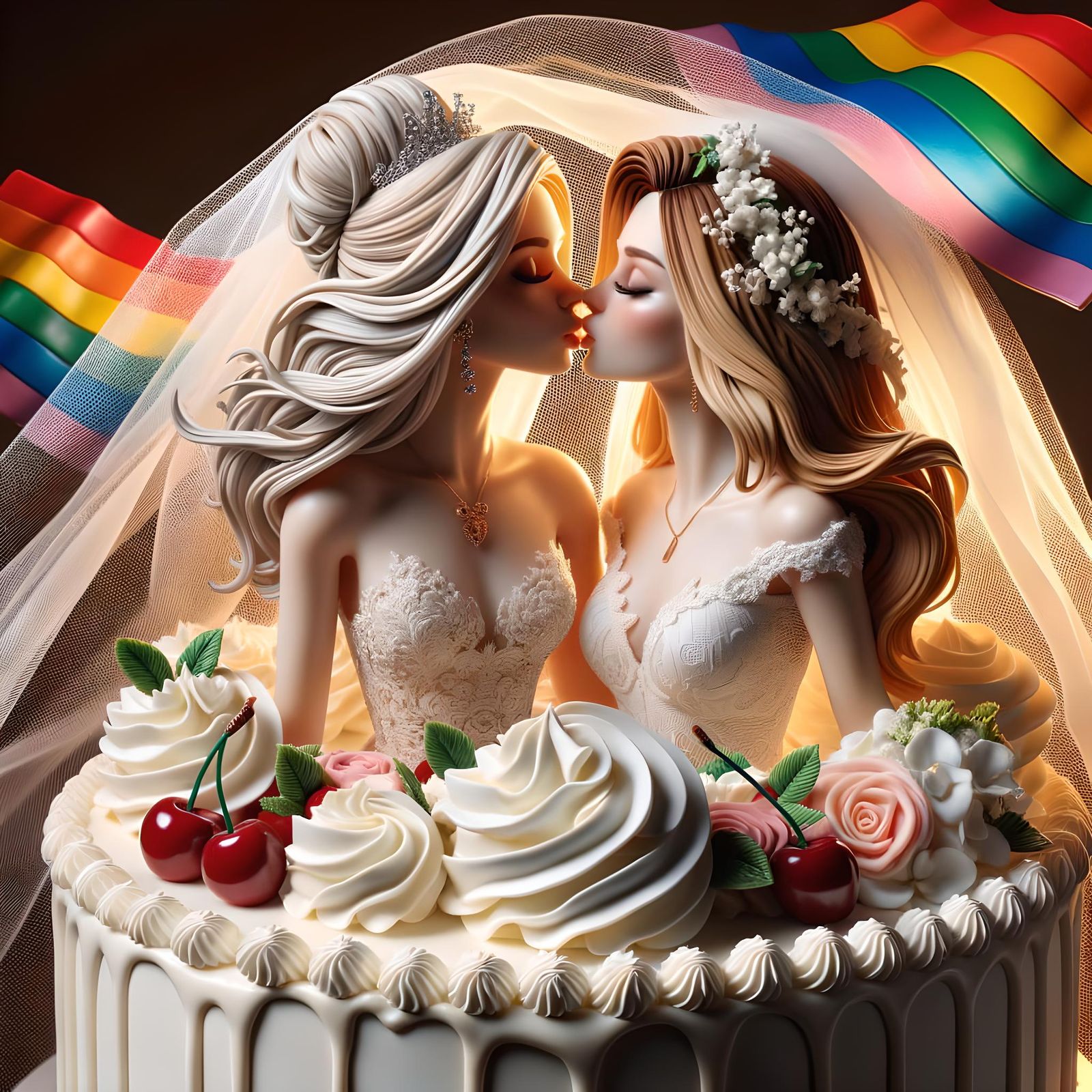 Two Brides Kissing on Wedding Cake with Rainbow Flag