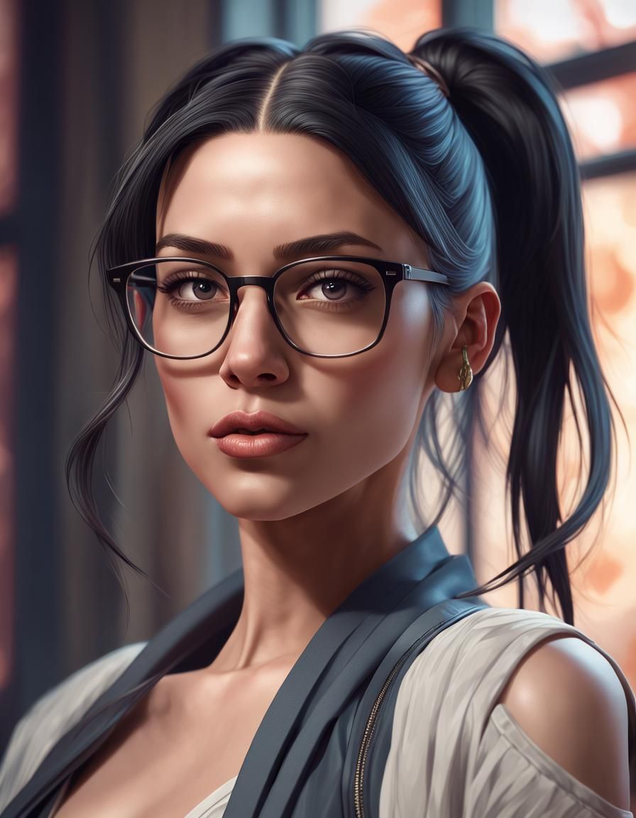 Detailed Portrait of Woman with Glasses in Art Nouveau Style