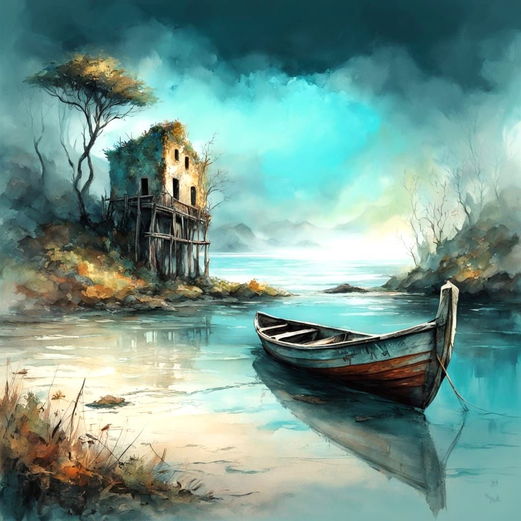 Mystical Hidden Cove with Submerged Ruins in Watercolor