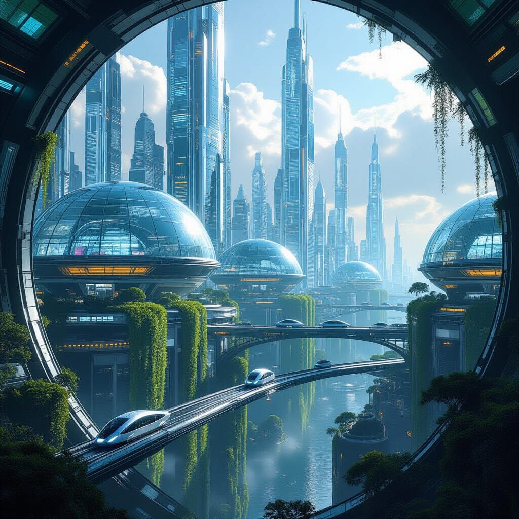 Futuristic Cityscape Inside Shimmering Glass Domes