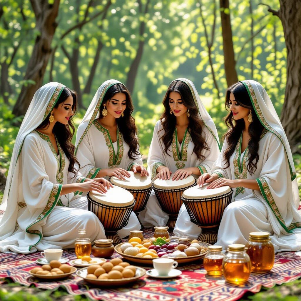 Arab Women Drummers in Forest, Classical Painting