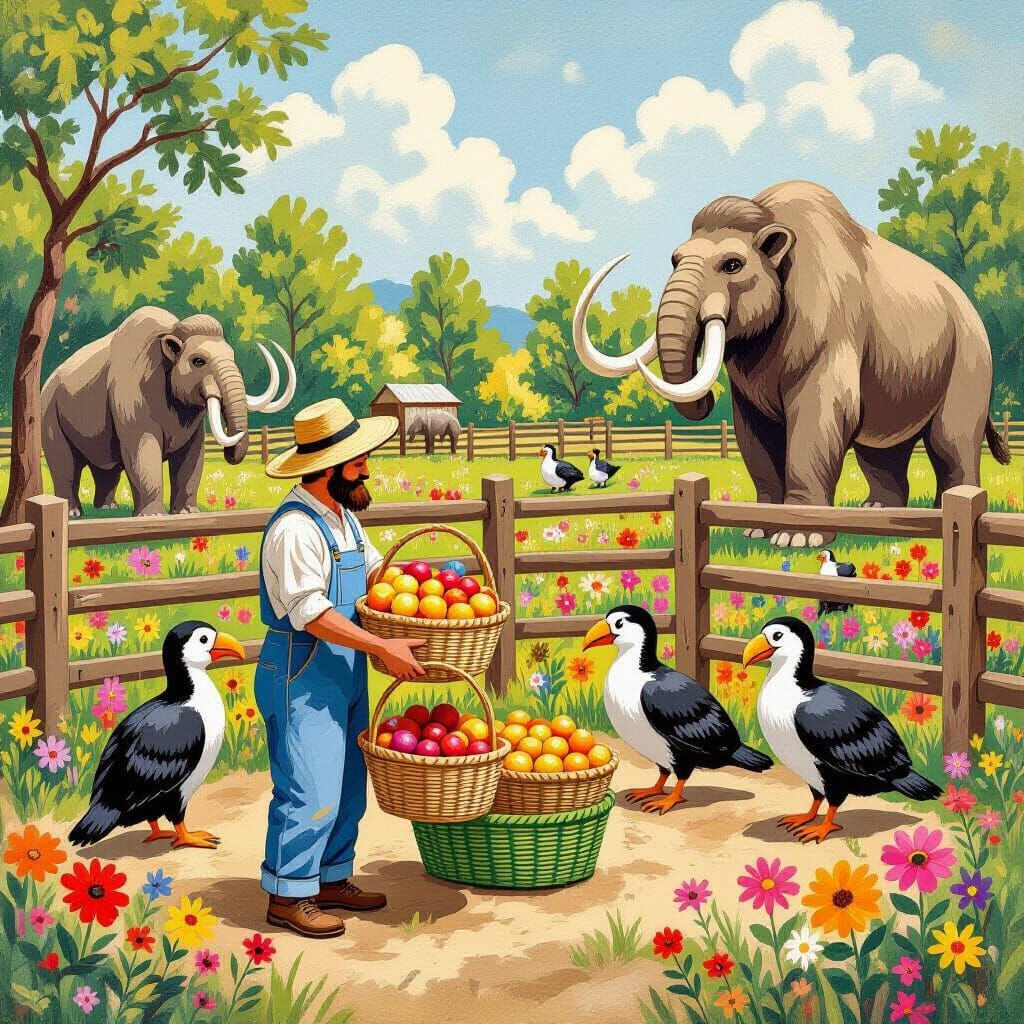 Whimsical Farm Scene with Dodos and Prehistoric Creatures