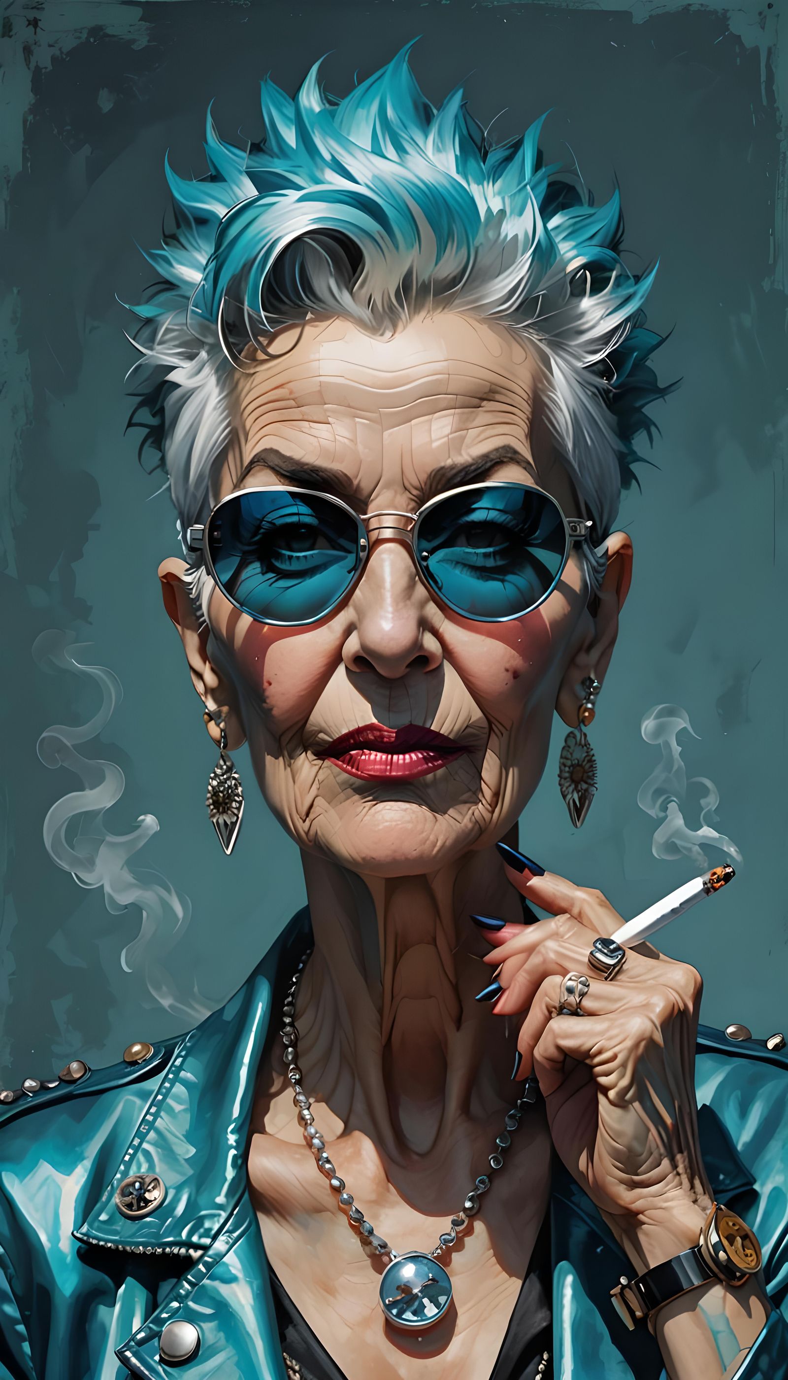 Edgy Cartoon of Punk Grandma Smoking Cigar
