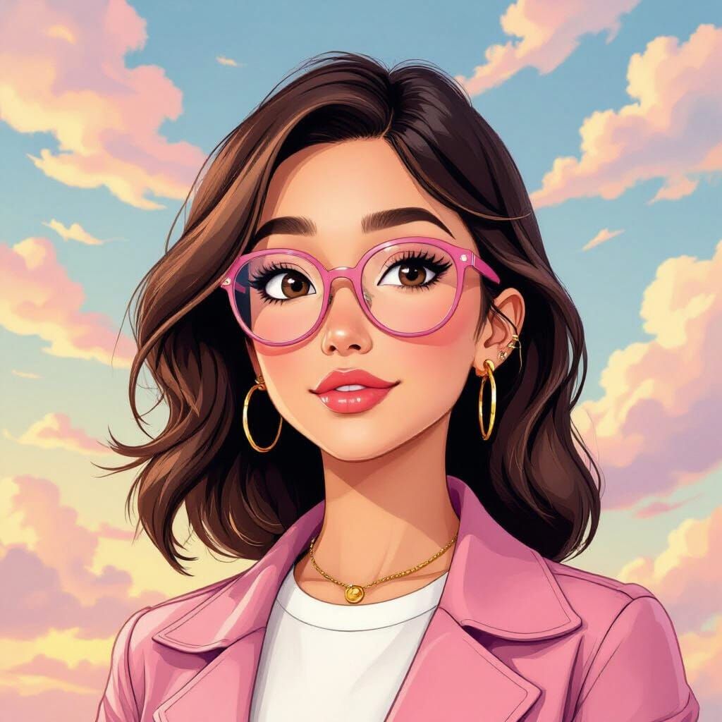 Woman with Brown Hair and Pink Glasses in Animated Style