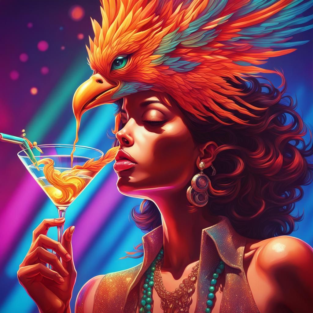 Disco Phoenix Sipping Martini in Splash Art Style