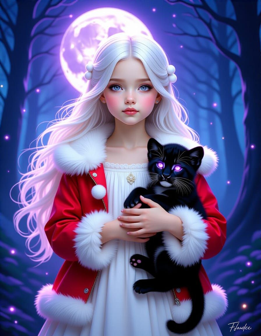 Ethereal Girl with Black Leopard Cub in Misty Forest