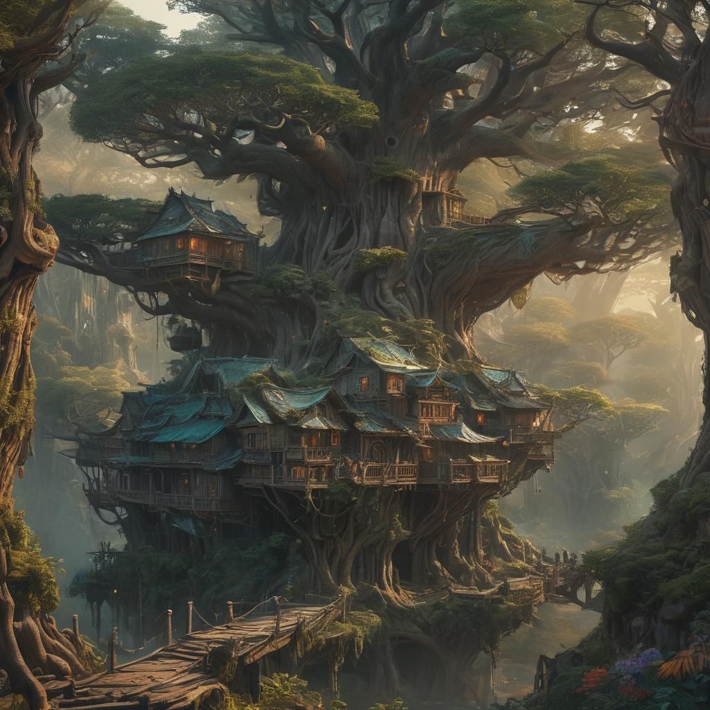 Enchanting Tree City in Misty Forest, Fantasy Matte Painting