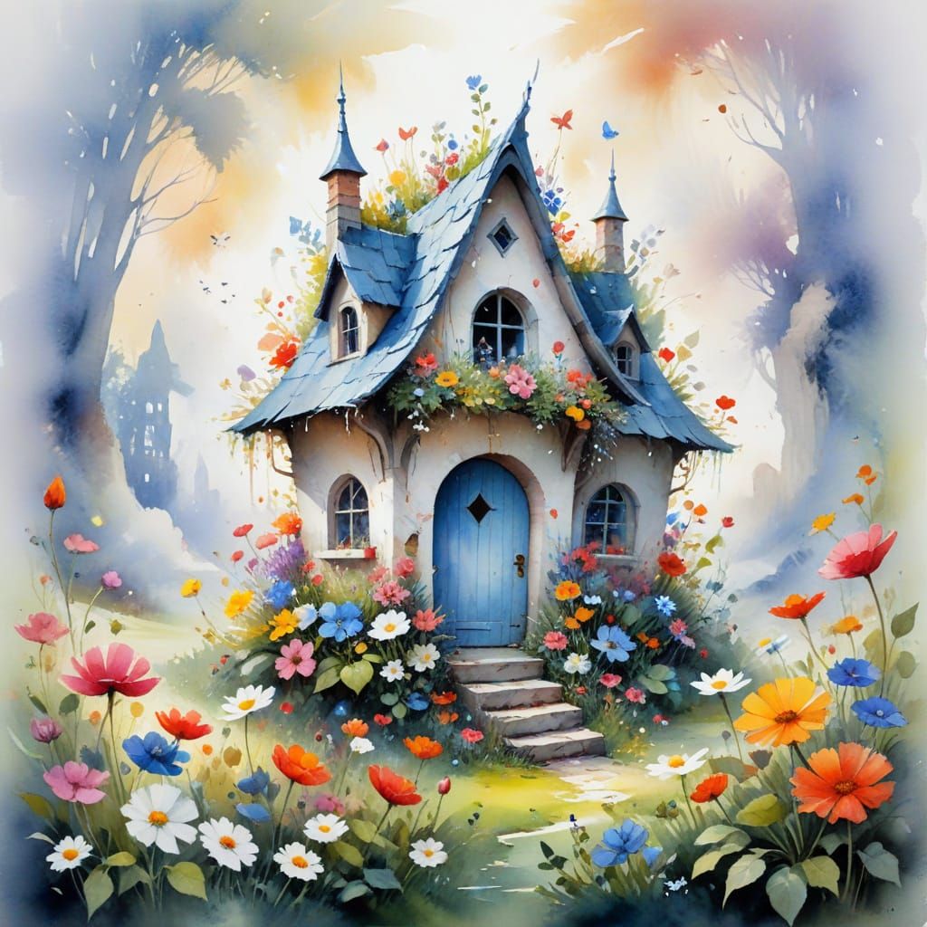 Pixie House Hidden in Flowers, Watercolour Art