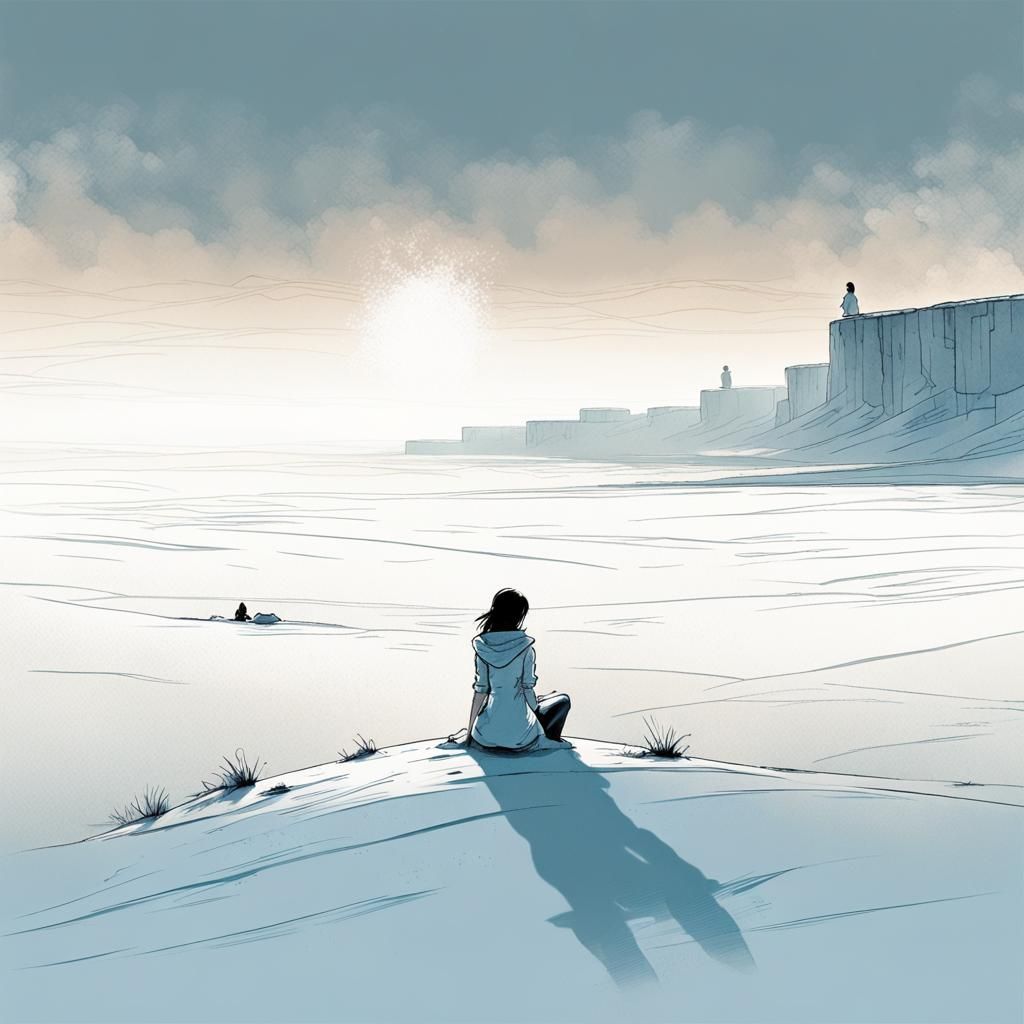 Lonely Figure in Frozen Desert, Sketch Style