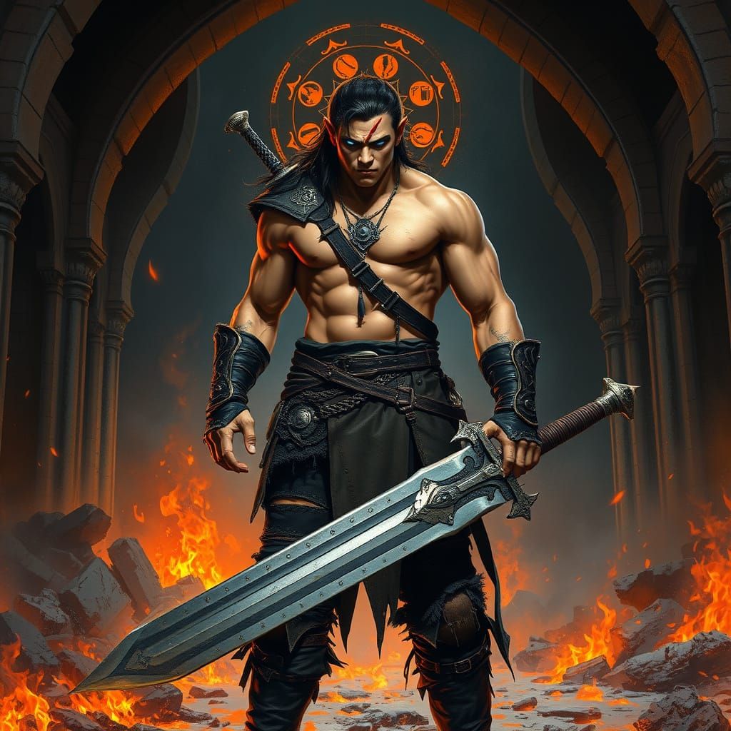 Fierce Gothic Warrior in Ruined War Chamber