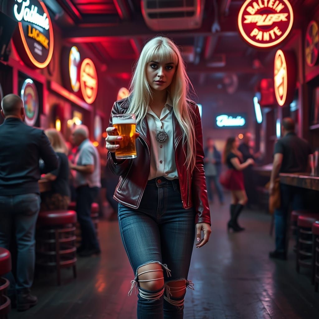 Swedish Woman in Burgundy Leather Jacket, Beer in Hand, Amid...