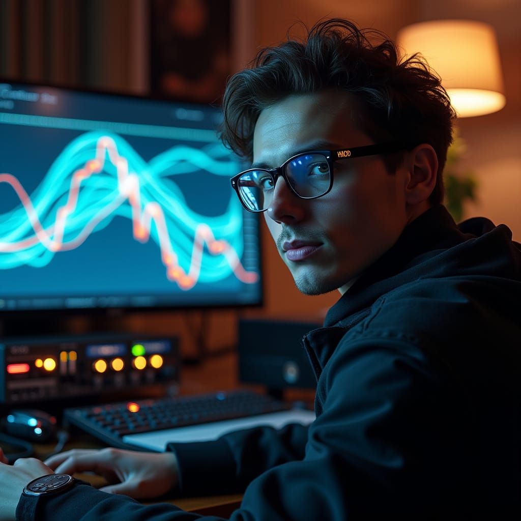 Tech-Savvy Audio Engineer in a Sophisticated Workspace