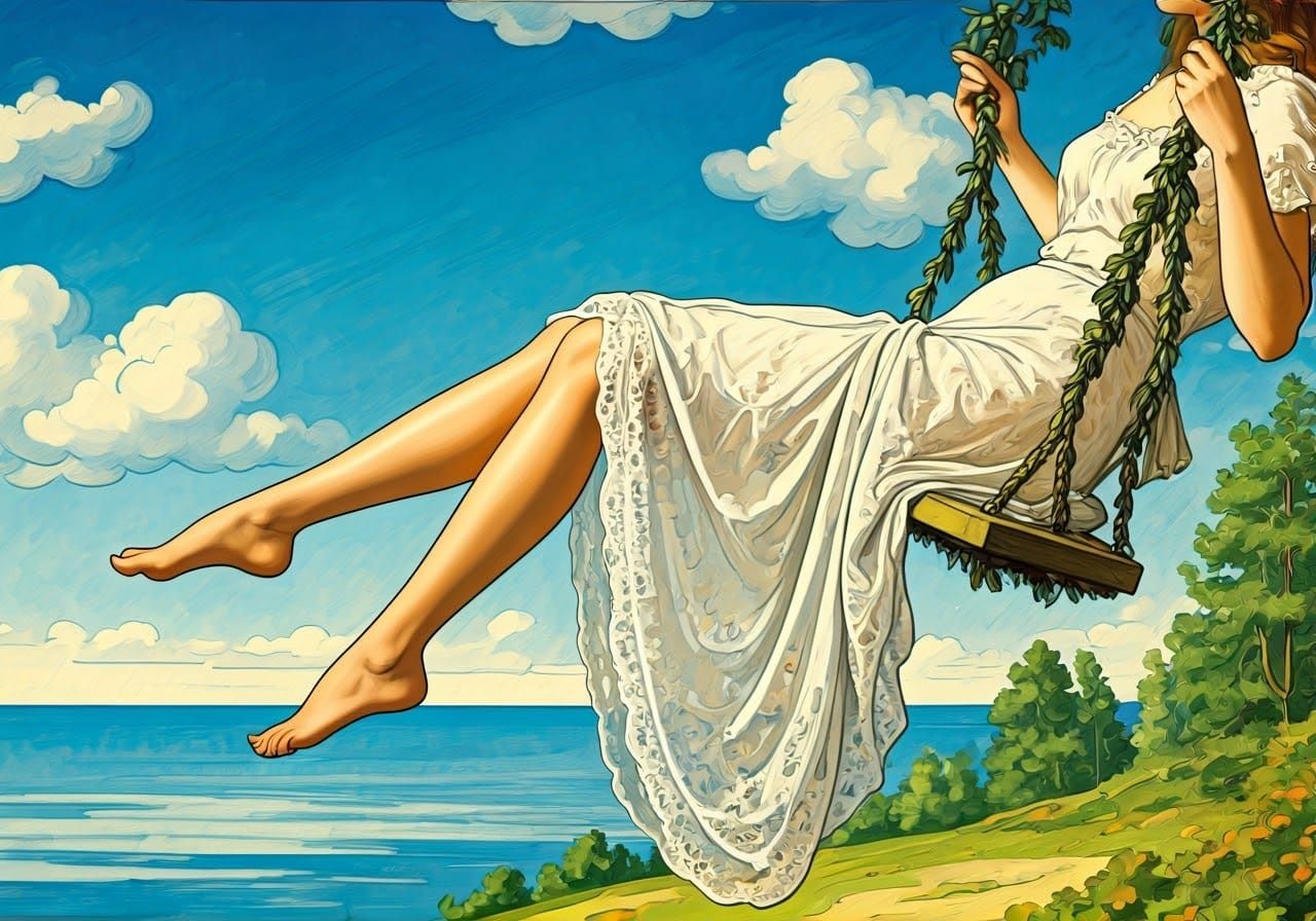 Elegant Legs on a Swing: Bilibin-Style Line Art