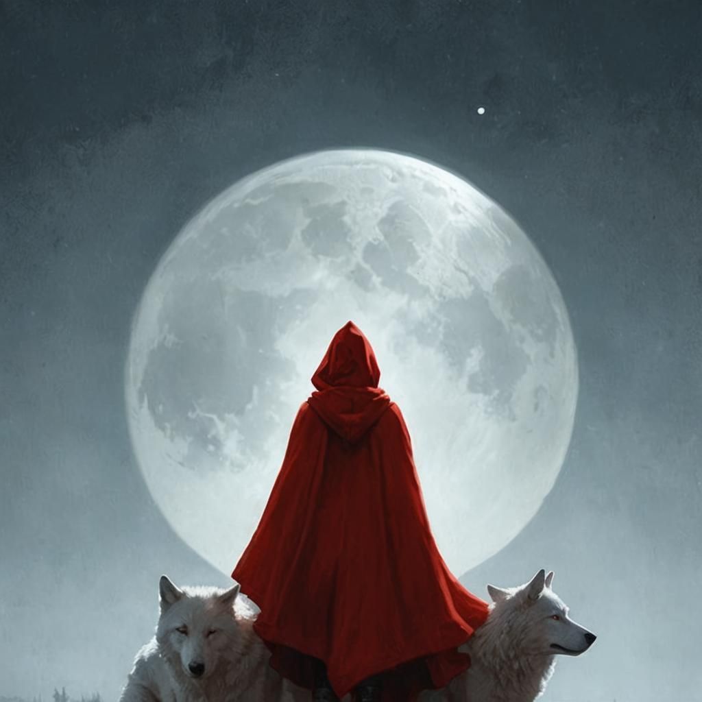 Woman in Red Hood Beside a Majestic Wolf Under a Full Moon