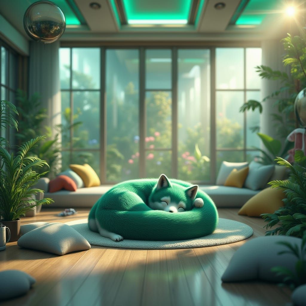 Cozy Green Fox Sleeps in Futuristic Apartment