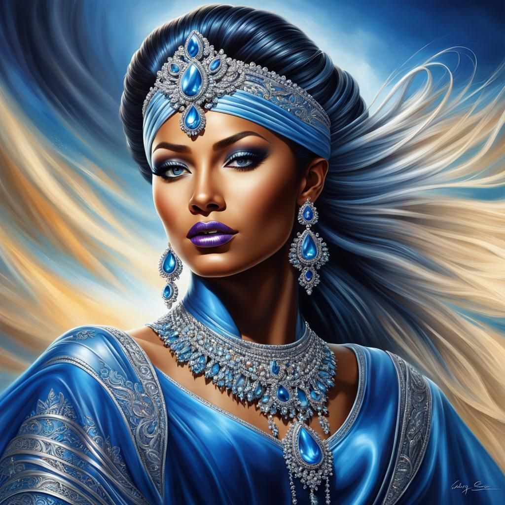 Elegant Woman with Silky Blue Skin: Airbrush Art