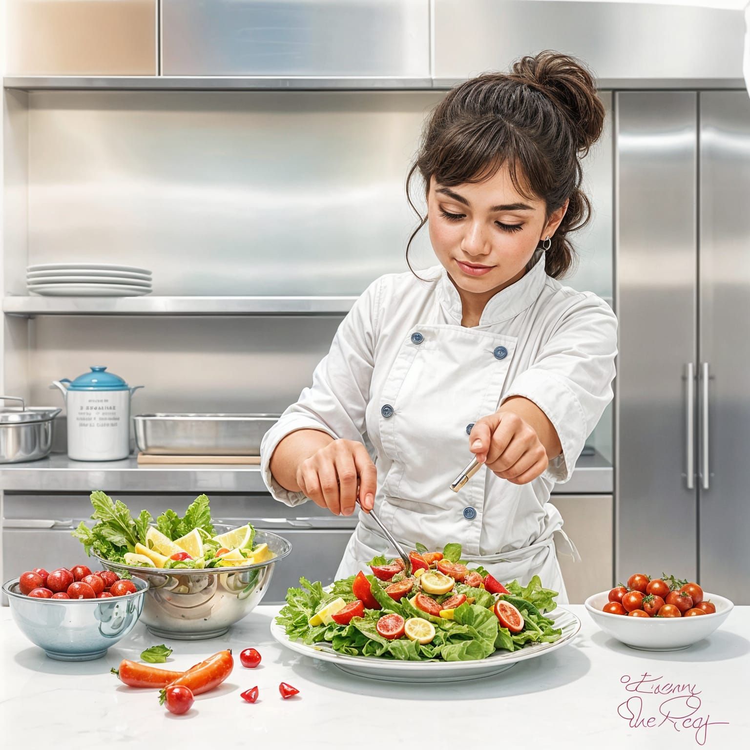 Vibrant Watercolor Kitchen Scene with Precise Chef