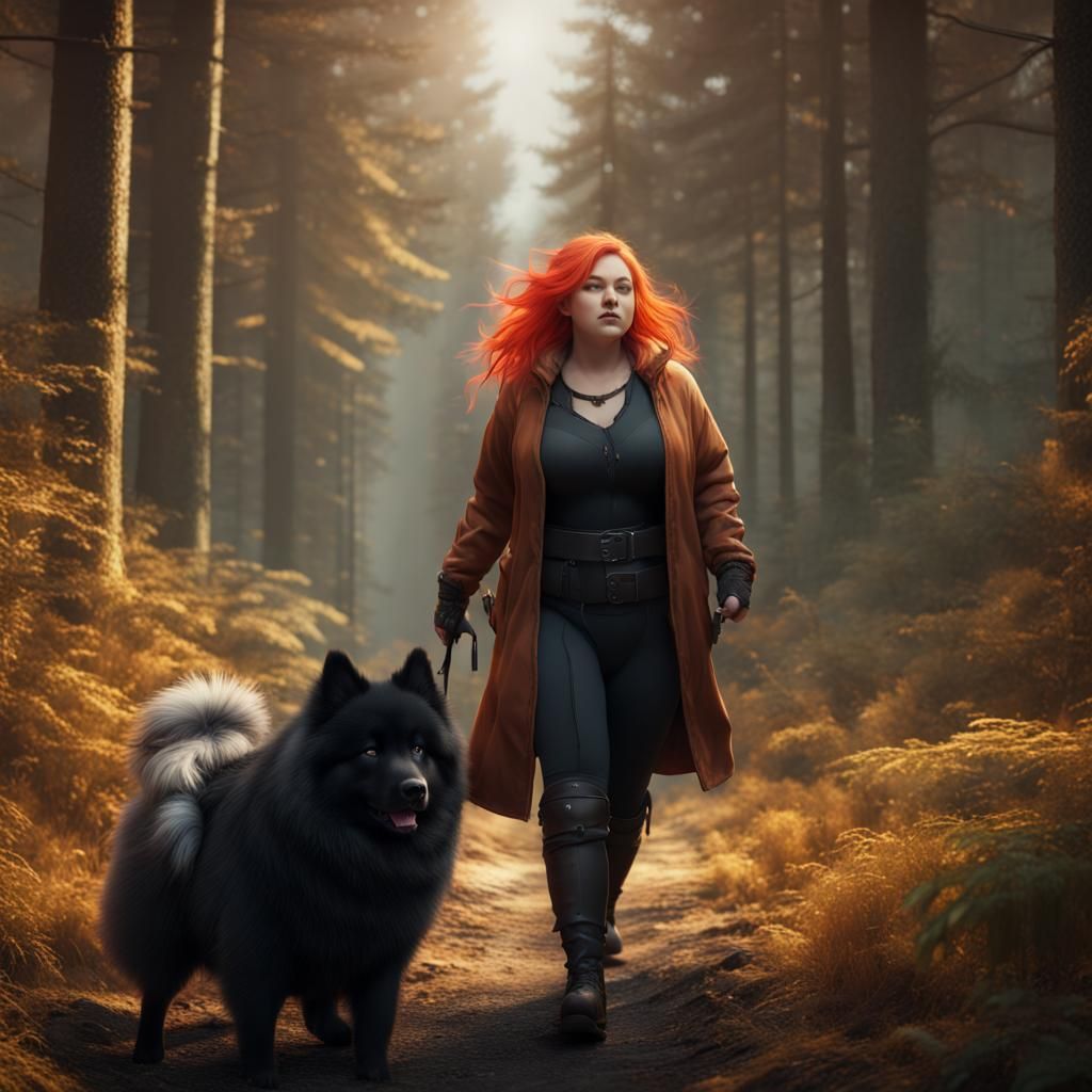 Girl with Dog in Forest: Detailed Matte Painting