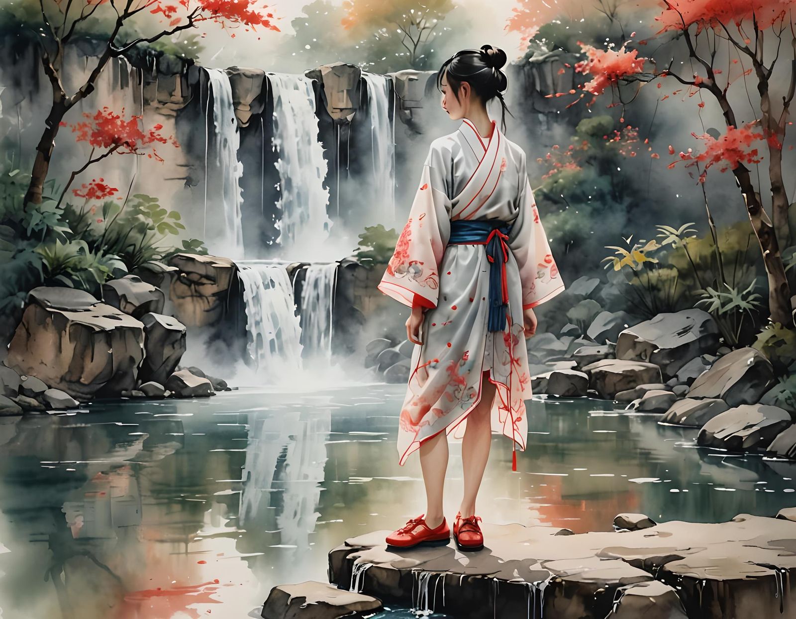 Chinese Woman in Ink Painting Style