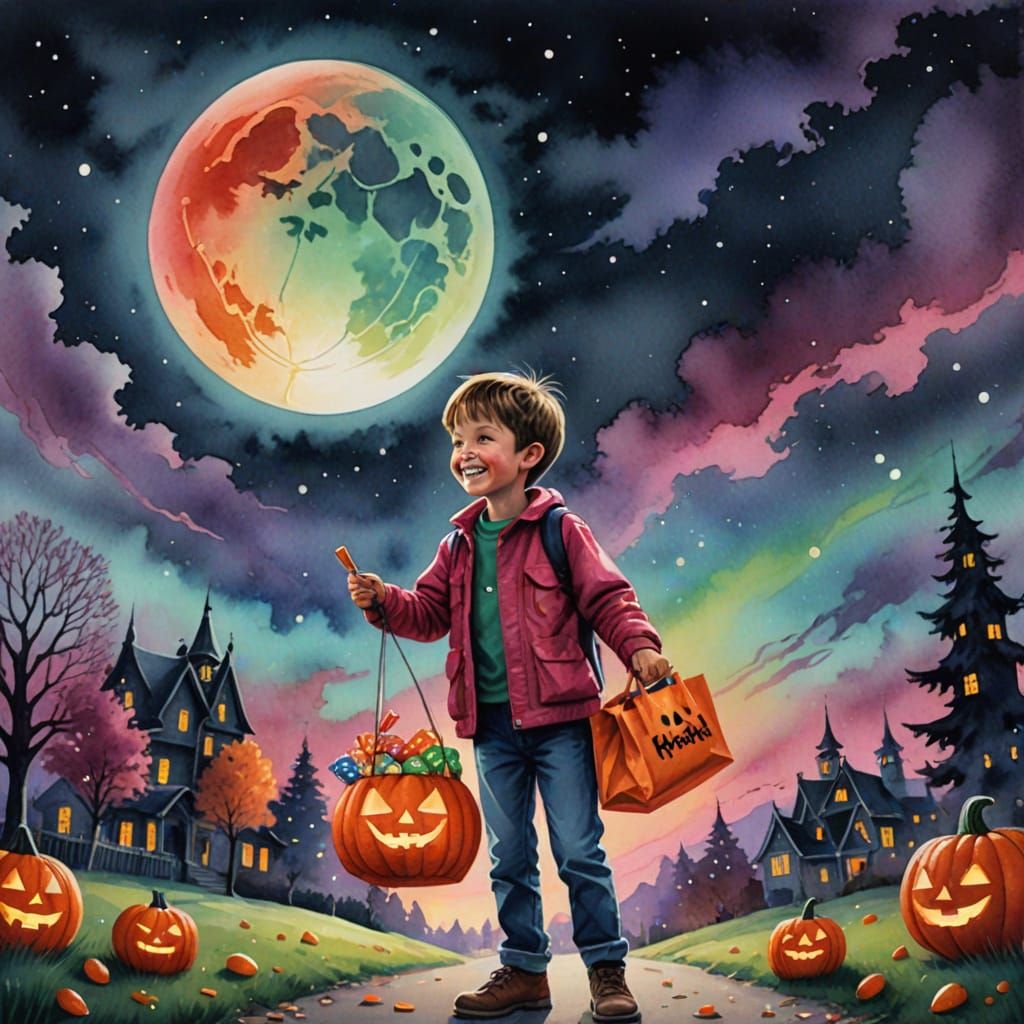 Happy Kid with Candy Bag Under Moonglow Sky