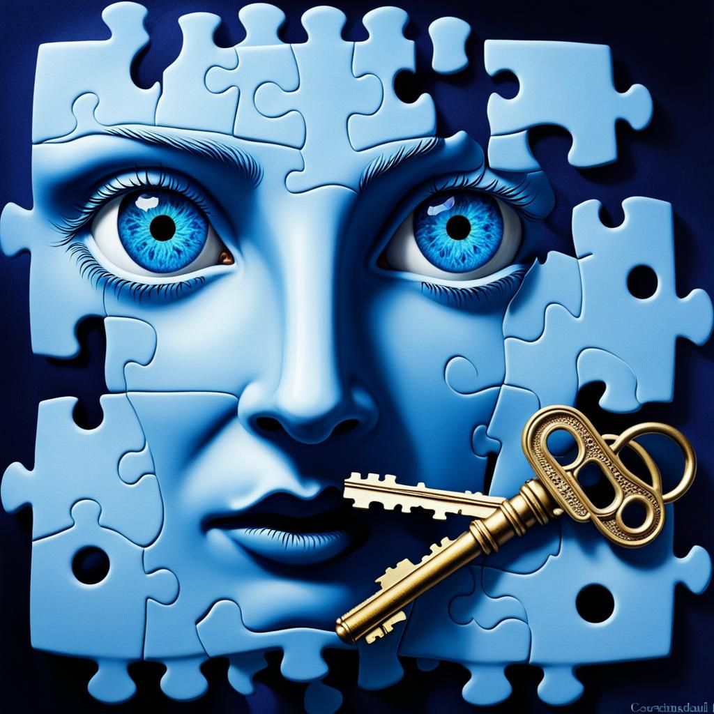 Surreal Keys and Blue Eye in Watercolor Style