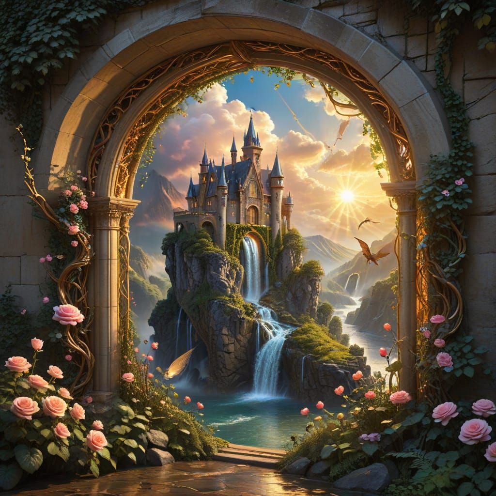 Mystical Valley Through Ornate Golden Window