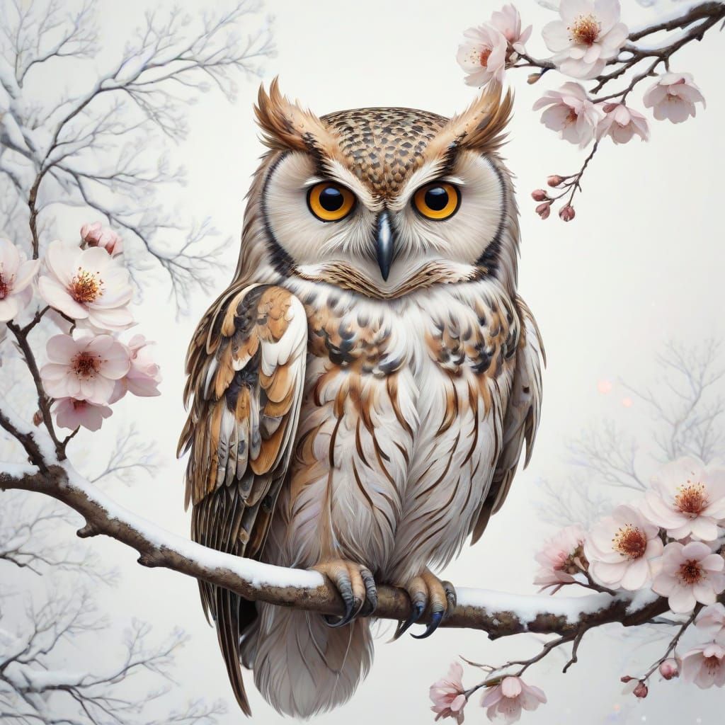 Whimsical Owl Perched on Snowy Blossom Branch in Fusion of A...