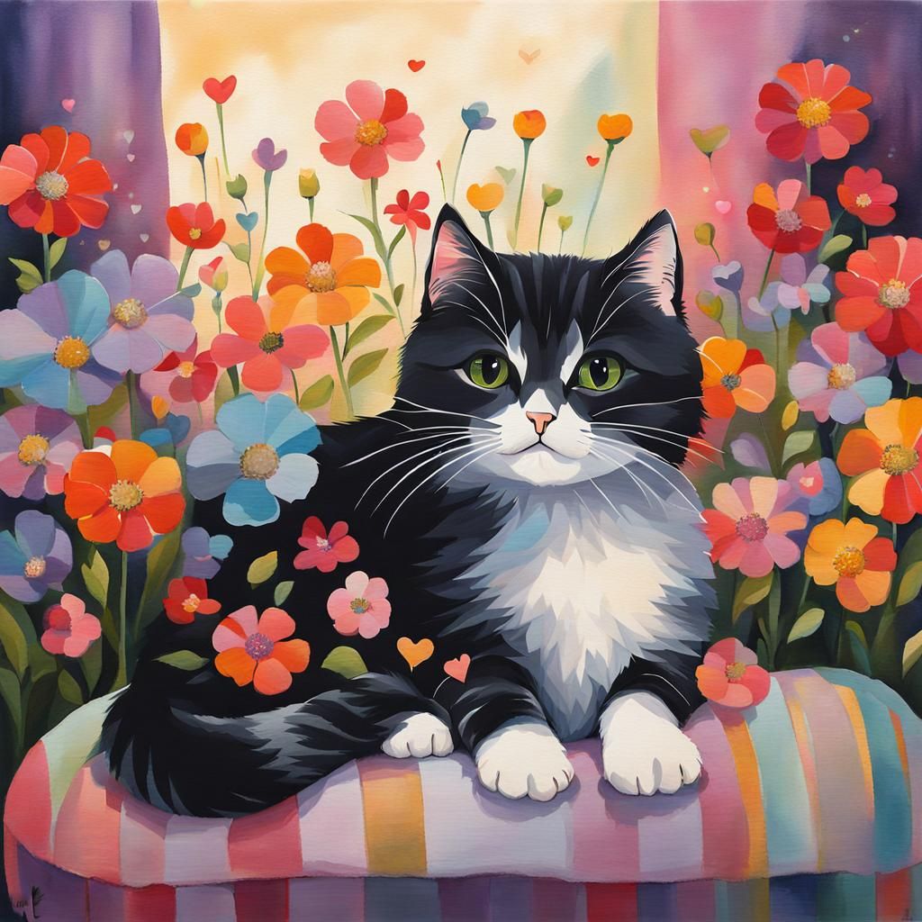 Cute Cat Surrounded by Flowers: Whimsical Art