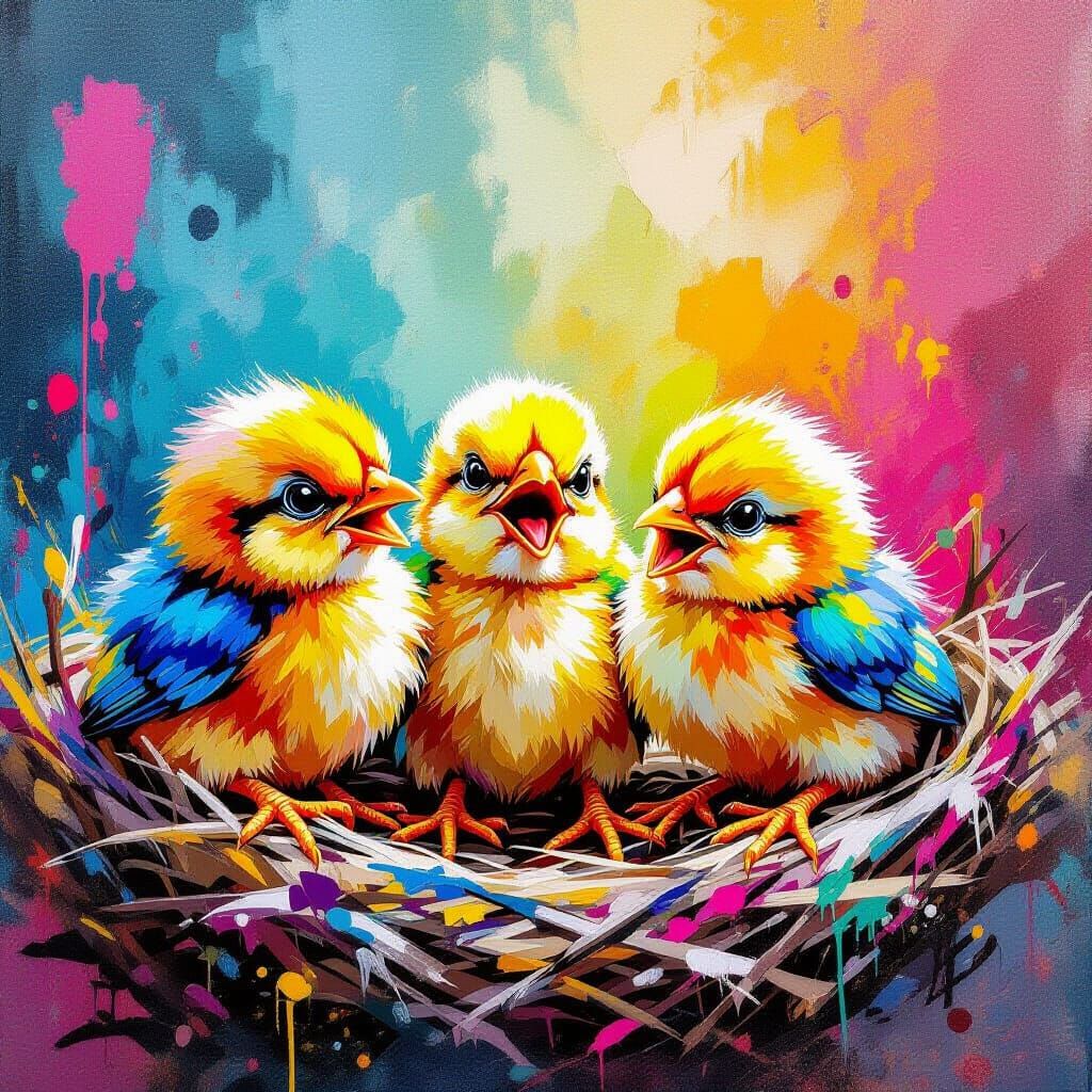 Vibrant Chicks Chirping in Graffiti Art Nest