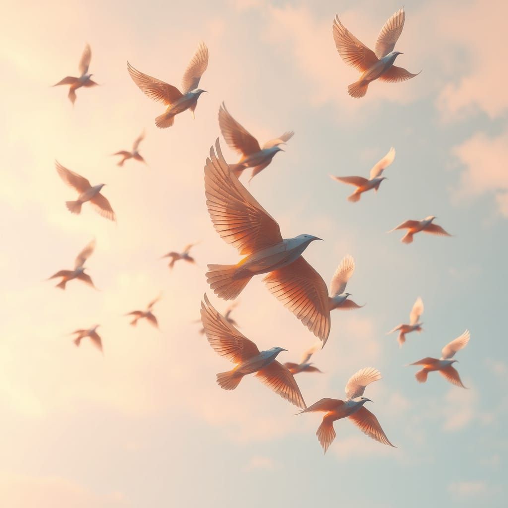 Origami Birds Soaring in a Pastel Sky