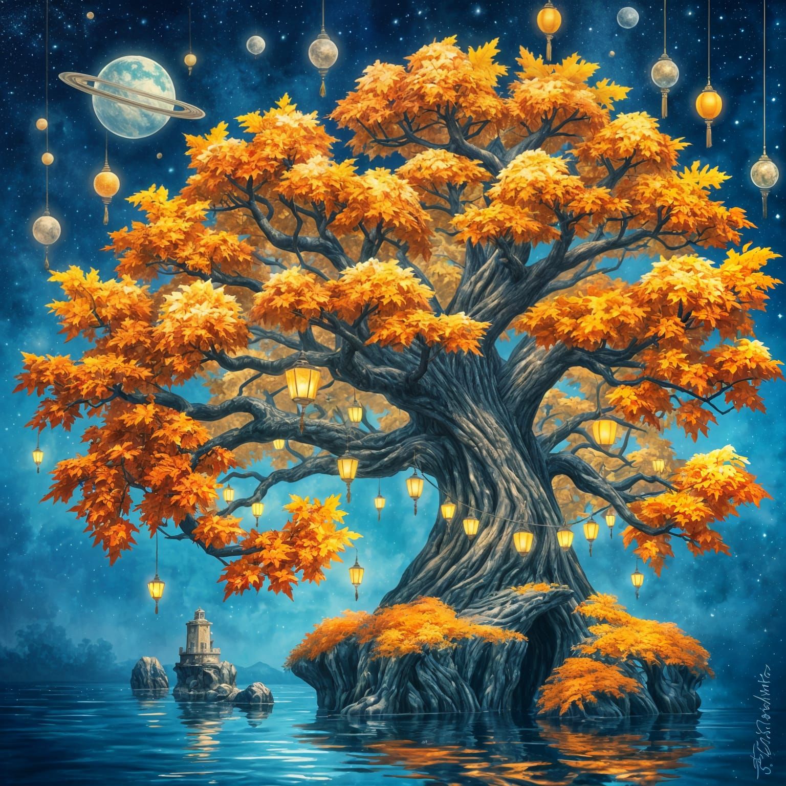 Fantasy Autumn Tree Island Under Starry Sky