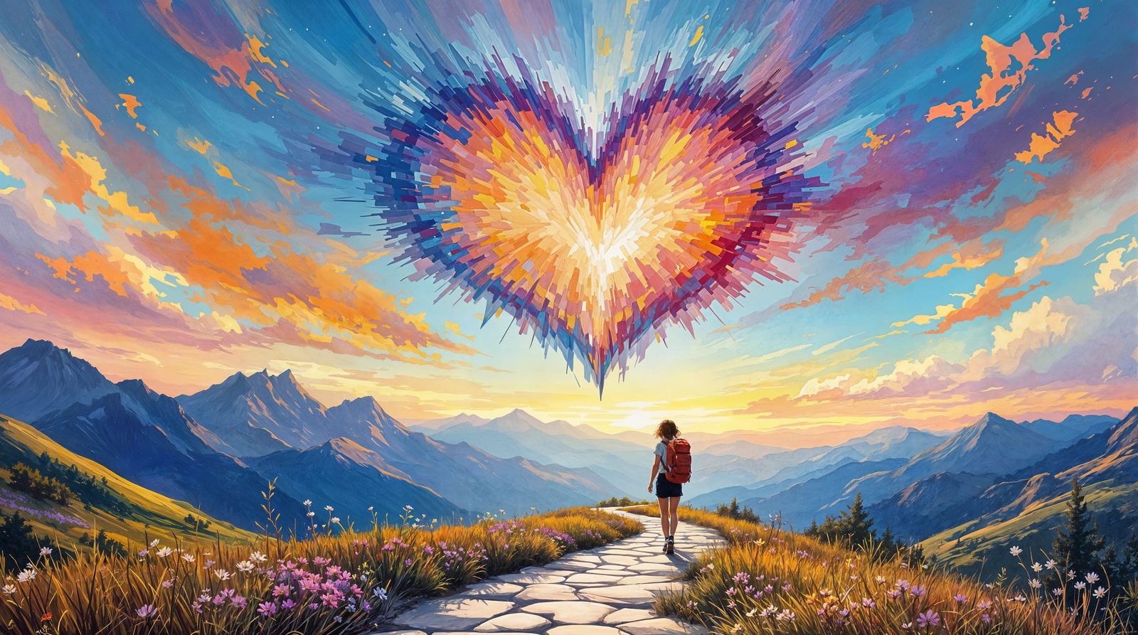 Vibrant Impressionist Hiker Approaches an Exploding Heart in...
