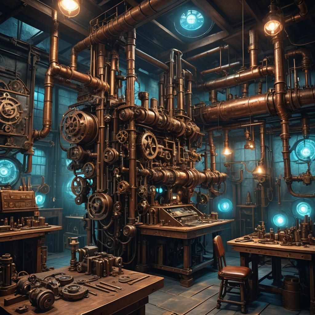 Steampunk Time Machine in Dimly Lit Workshop