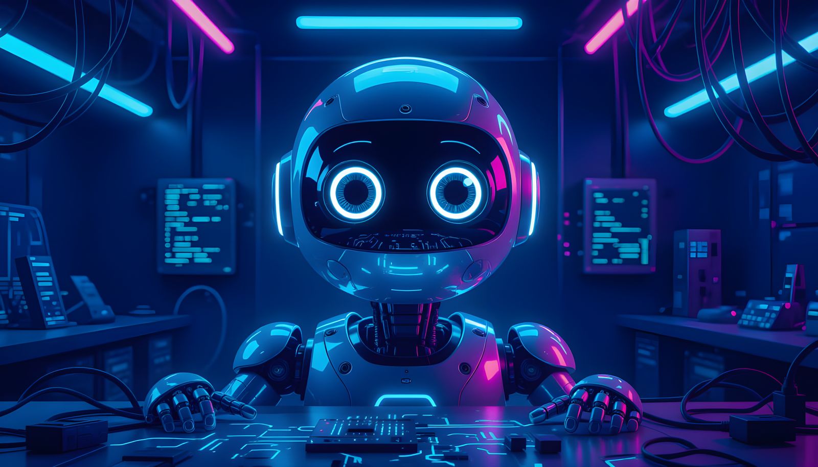 Futuristic Robot's Curious Gaze in Neon Laboratory