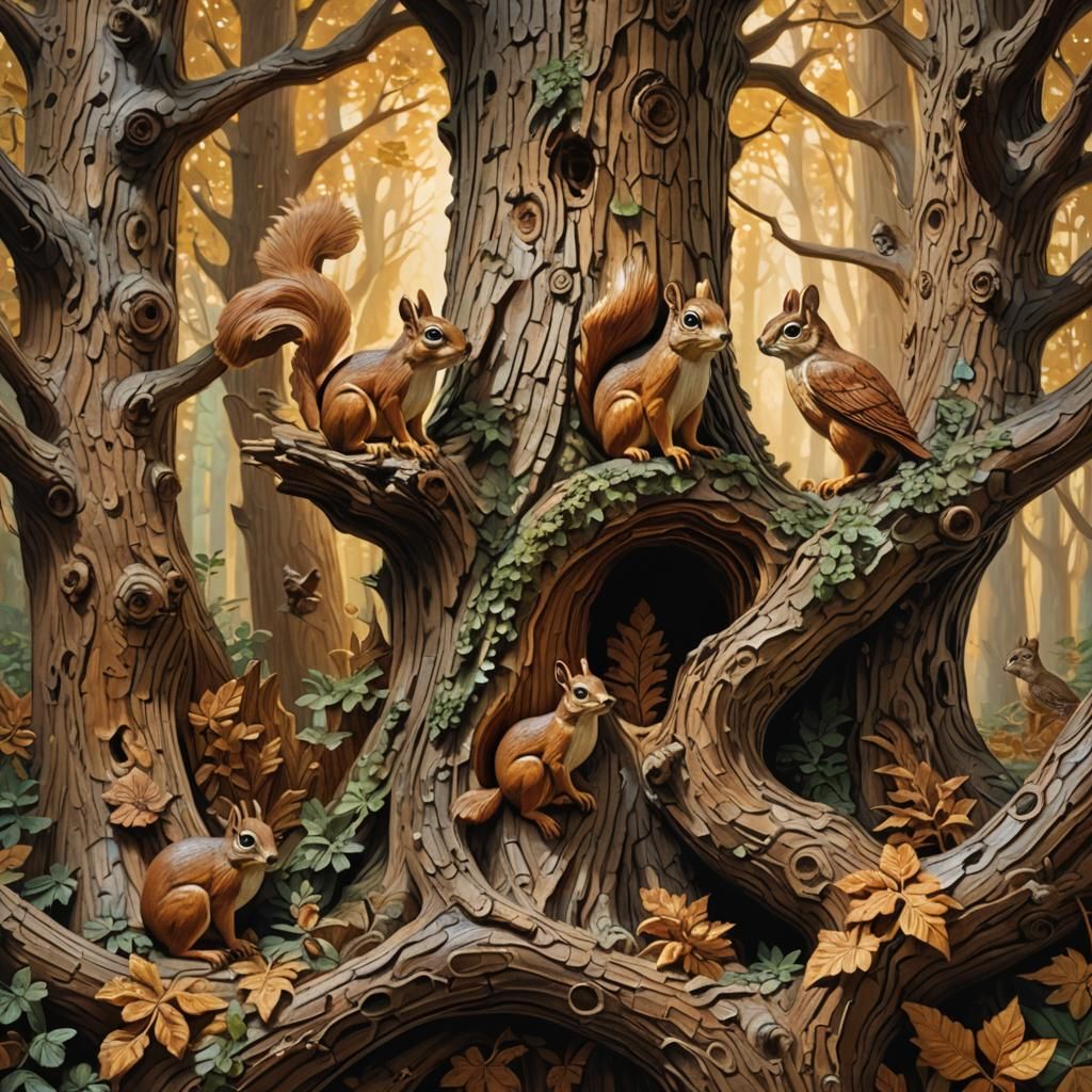 A richly detailed wood relief (carving technique) depicting a forest scene with animals and trees.