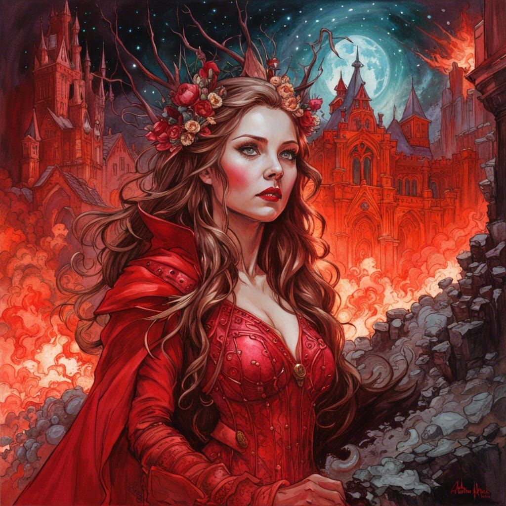 Scarlett Witch in Medieval Palace with Space Background